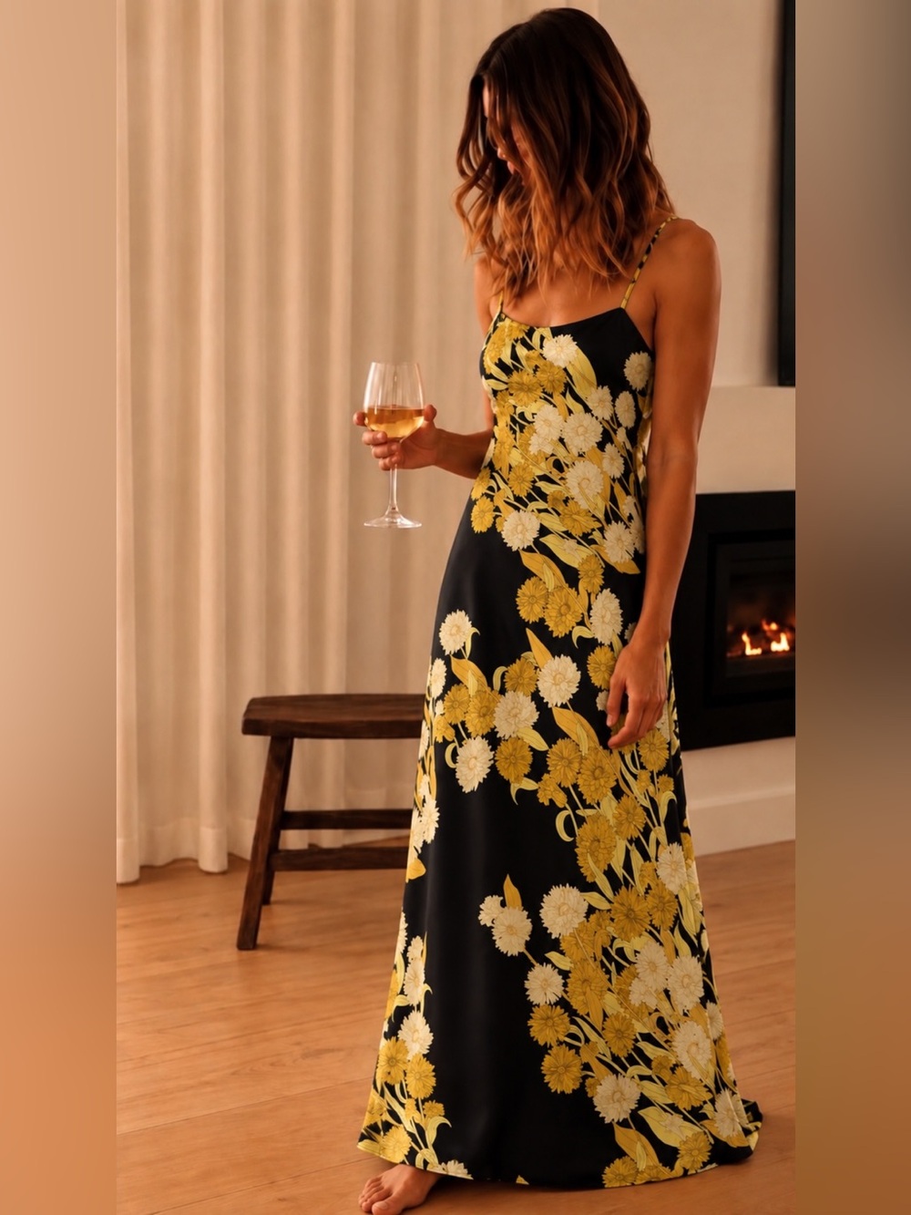 NATORI Cowl Neck Silk Floral Nightgown Maxi Slip Dress